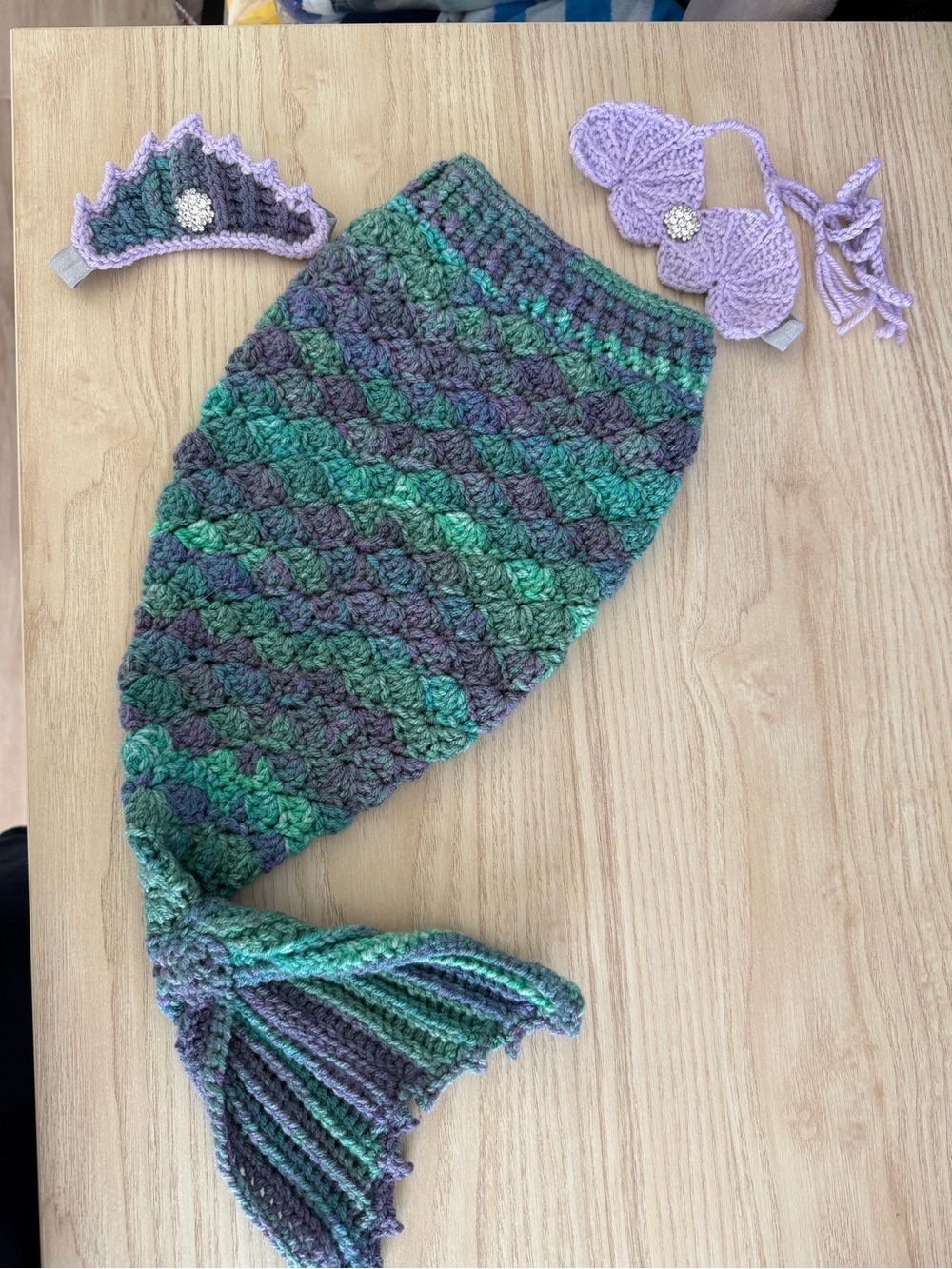 Hand Crafted Mermaid Tail Costume Set in Green and Purple with Lilac Shell Top
